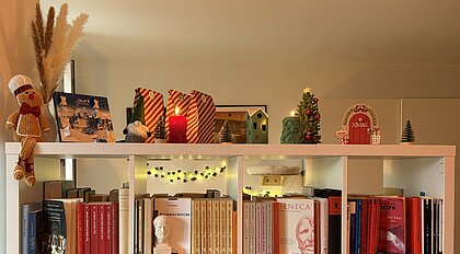 Auf dem Bild sieht man ein Regal mit Büchern. Oben auf dem Regal steht weihnachtliche Dekoration