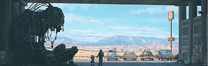 electric state_teaserbild Man sieht ein Mädchen und einen kleinen Roboter, die neben einem großen Roboter stehen